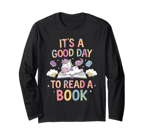 Unicorn It's A Good Day To Read A Book Books Lovers Kids Langarmshirt von Teacher Tee Library Reading Bookworm Book Day