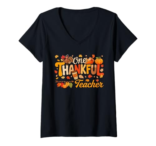 Damen EIN dankbarer Lehrer Thanksgiving Herbst Türkei Stolzer Job T-Shirt mit V-Ausschnitt von Teacher Thanksgiving Costume