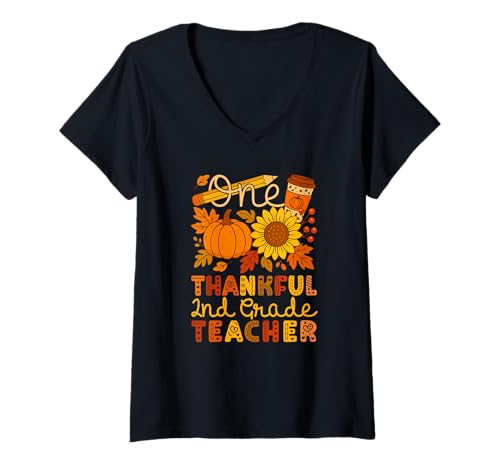 Damen EIN dankbarer Lehrer der 2. Klasse Thanksgiving-Herbstblumen T-Shirt mit V-Ausschnitt von Teacher Thanksgiving Costume