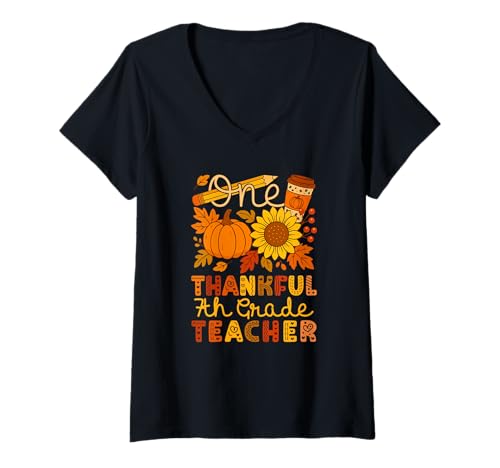 Damen EIN dankbarer Lehrer der 7. Klasse Thanksgiving-Herbstblumen T-Shirt mit V-Ausschnitt von Teacher Thanksgiving Costume