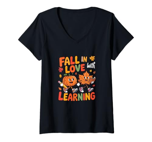 Damen Love Learning Thanksgiving Fall Autumn Teacher Students T-Shirt mit V-Ausschnitt von Teacher Thanksgiving Costume