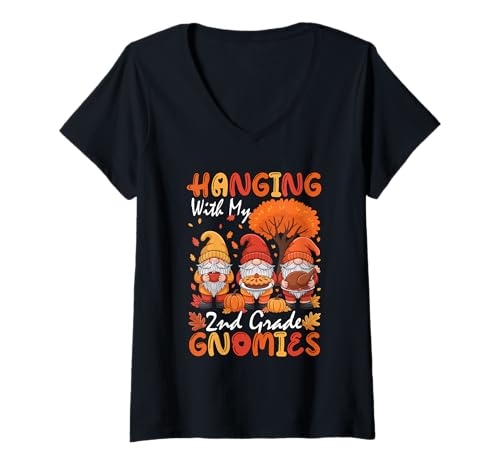 Damen Mit Meinen Gnomies aus der 2. Klasse abhängen Lustiger Thanksgiving-Trainer T-Shirt mit V-Ausschnitt Damen Mit Meinen Gnomies aus der 2. Klasse abhängen Lustiger Thanksgiving-Trainer T-Shirt mit V-Ausschnitt von Teacher Thanksgiving Costume