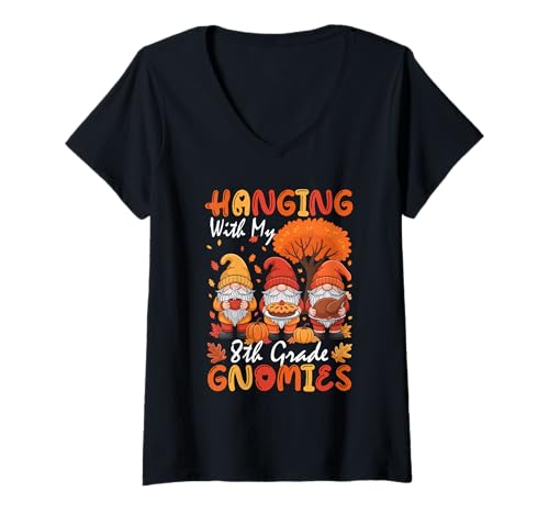 Damen Mit Meinen Gnomies der 8. Klasse abhängen Lustiger Thanksgiving-Trainer T-Shirt mit V-Ausschnitt von Teacher Thanksgiving Costume