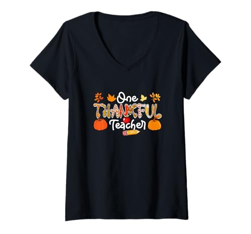 Damen One Thankful Teacher Thanksgiving Herbst Kostüm Proud Job T-Shirt mit V-Ausschnitt von Teacher Thanksgiving Costume