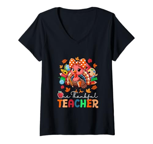 Damen One Thankful Teacher Thanksgiving Truthahn Fliege Damen T-Shirt mit V-Ausschnitt von Teacher Thanksgiving Costume