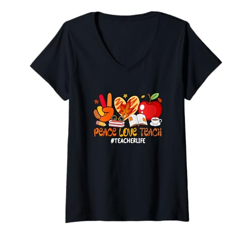 Damen Peace Love Teach Teacher Thanksgiving Autumn Funny Job Team T-Shirt mit V-Ausschnitt von Teacher Thanksgiving Costume