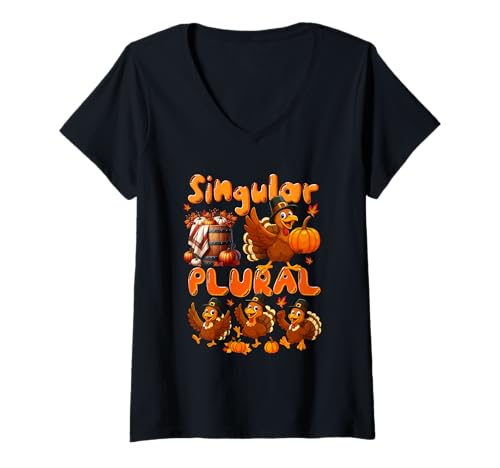 Damen Singular Plural Thanksgiving Group Truthähne Grammatiklehrer T-Shirt mit V-Ausschnitt von Teacher Thanksgiving Costume