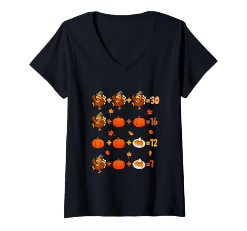 Damen Thanksgiving Quiz Math Pumpkin Pie Turkeys Teacher Students T-Shirt mit V-Ausschnitt von Teacher Thanksgiving Costume
