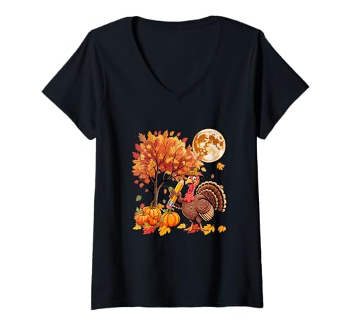 Damen Turkey Costume Teacher Tools Thanksgiving Fall Pumpkins T-Shirt mit V-Ausschnitt von Teacher Thanksgiving Costume