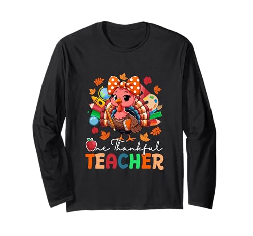 One Thankful Teacher Thanksgiving Truthahn Fliege Damen Langarmshirt von Teacher Thanksgiving Costume