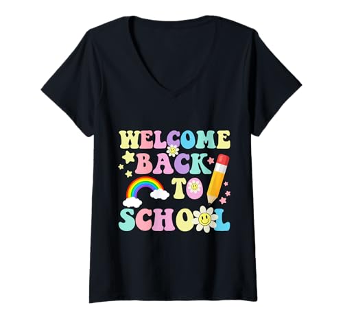 Damen Willkommen zurück in der Schule Lehrer Wertschätzung für Schüler T-Shirt mit V-Ausschnitt von Teacher's Retro Vintage T-shirts and Gifts