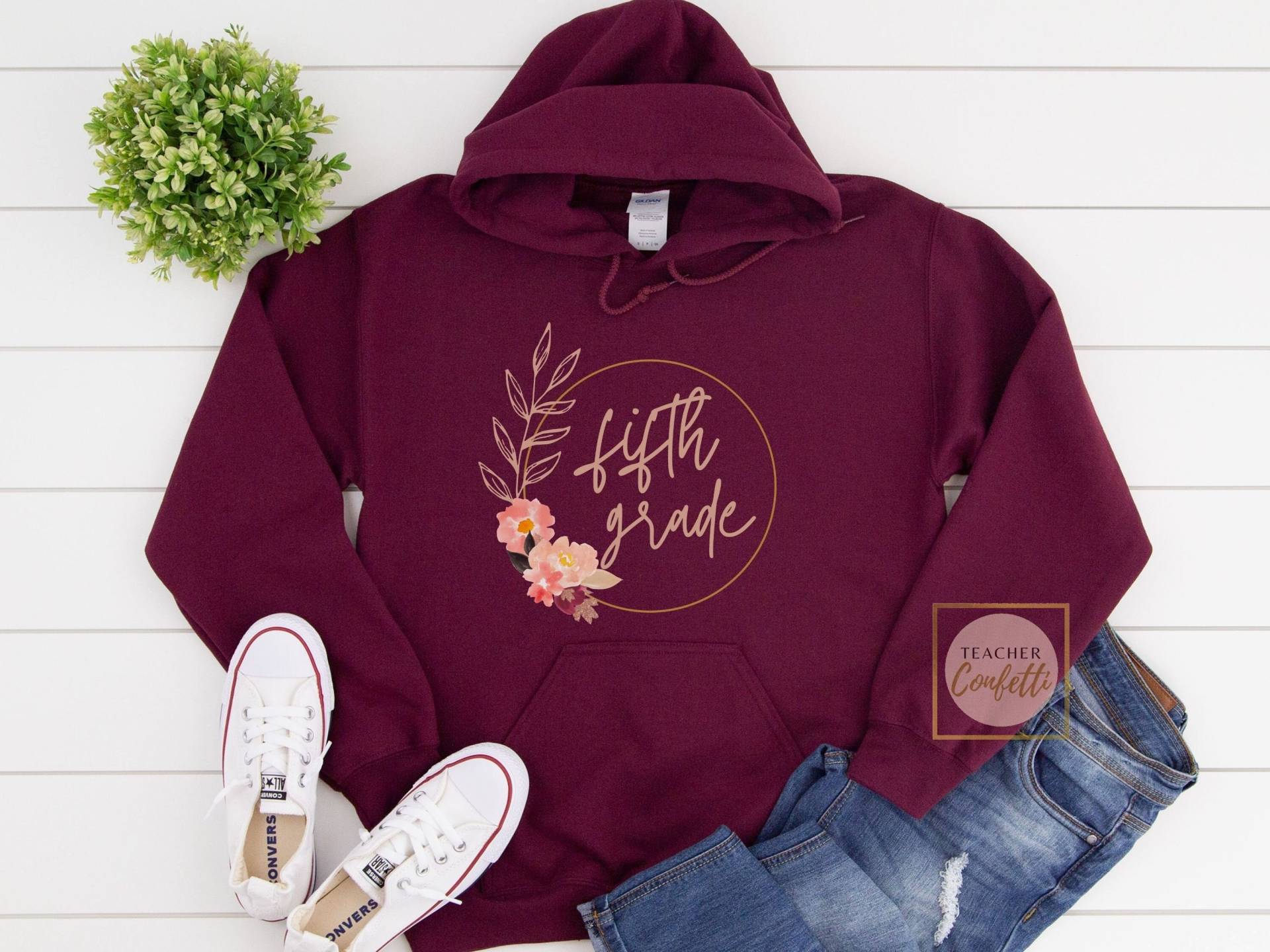 5.klasse Lehrer Sweatshirt Mit Kapuze, Fünfte Klasse Hoodies, Winter Für Lehrer, Floral 5.grad Hoodie von TeacherConfetti