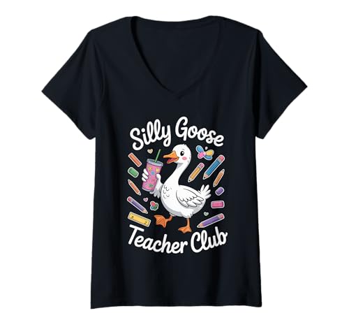 Damen Silly Goose Lehrerclub T-Shirt mit V-Ausschnitt Damen Silly Goose Lehrerclub T-Shirt mit V-Ausschnitt von Teachers Back To School