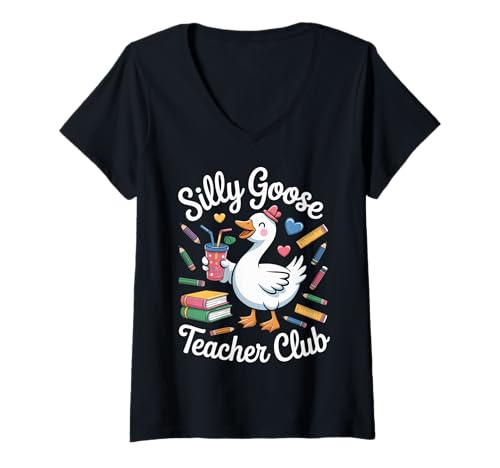 Damen Silly Goose Lehrerclub T-Shirt mit V-Ausschnitt Damen Silly Goose Lehrerclub T-Shirt mit V-Ausschnitt von Teachers Back To School