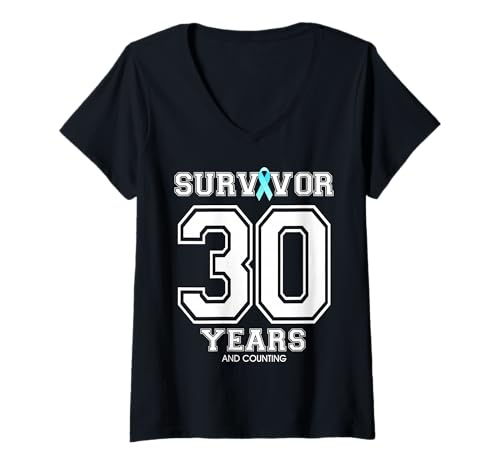 Damen 30 Years Ovarian Cancer Survivor Blaugrün Band Geschenk für Frauen T-Shirt mit V-Ausschnitt von Teal Color Ribbon Awareness Survivor Wear