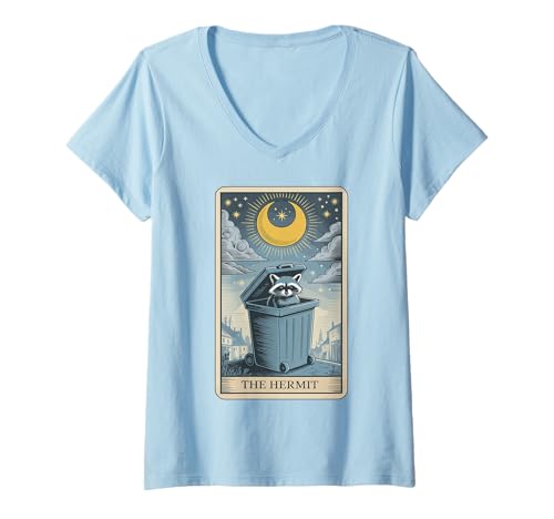 Damen The Hermit Raccoon Tarotkarte Waschbär T-Shirt mit V-Ausschnitt Damen The Hermit Raccoon Tarotkarte Waschbär T-Shirt mit V-Ausschnitt von Team Trash Designs