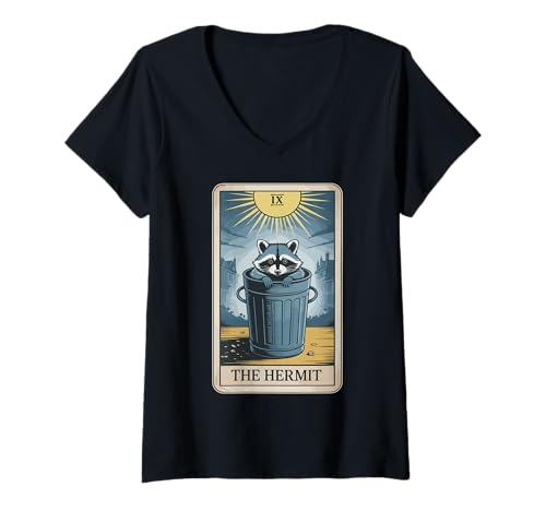 Damen The Hermit Tarotkarte Waschbär T-Shirt mit V-Ausschnitt Damen The Hermit Tarotkarte Waschbär T-Shirt mit V-Ausschnitt von Team Trash Designs