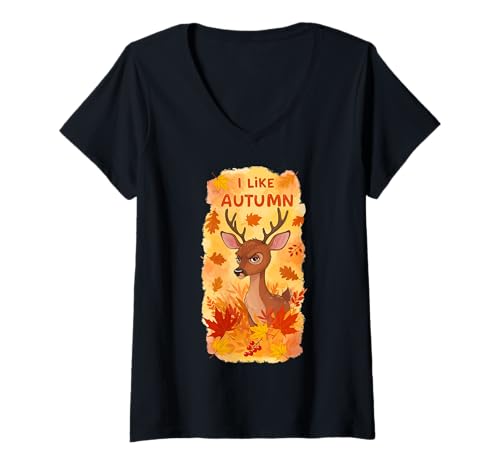 Damen Lustiger mürrischer Hirsch Ich liebe den Herbst Humor Natur T-Shirt mit V-Ausschnitt von Team Zeta