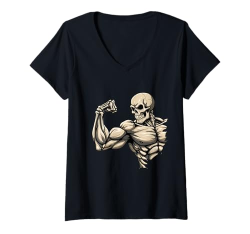Damen Muskelschädel Fitness tödliche Kraft T-Shirt mit V-Ausschnitt von Team Zeta