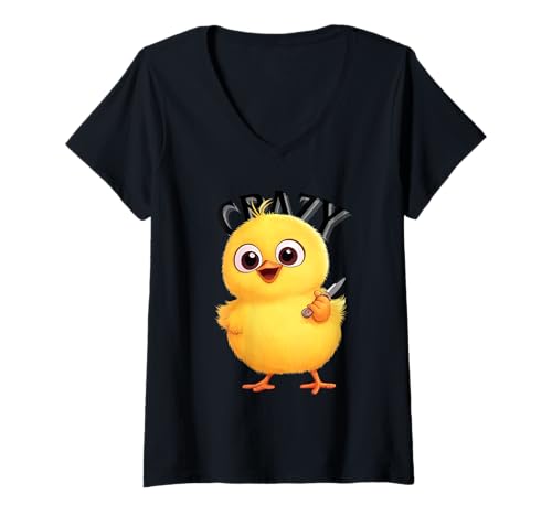 Damen Verrücktes Huhn Lustige Animation Niedliches Tier Humor T-Shirt mit V-Ausschnitt von Team Zeta