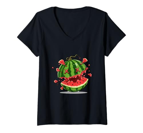 Damen Zerstörte Wassermelone - Humor Obst Lustiges Essen Original T-Shirt mit V-Ausschnitt von Team Zeta