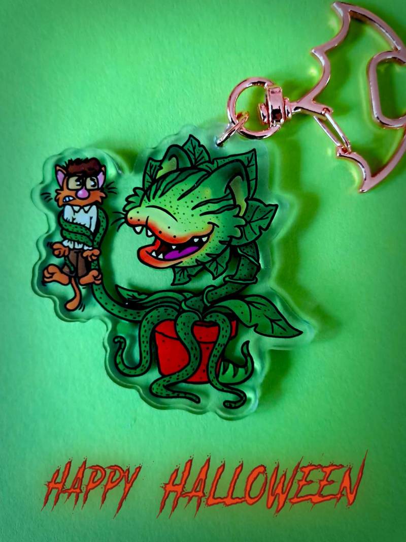 Halloween Cat Keychain -Audrey Ii + Postcard Print von TeamPechundSchwefel