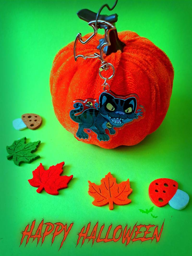Halloween Cat Keychain - Jurassic + Postcard Print von TeamPechundSchwefel