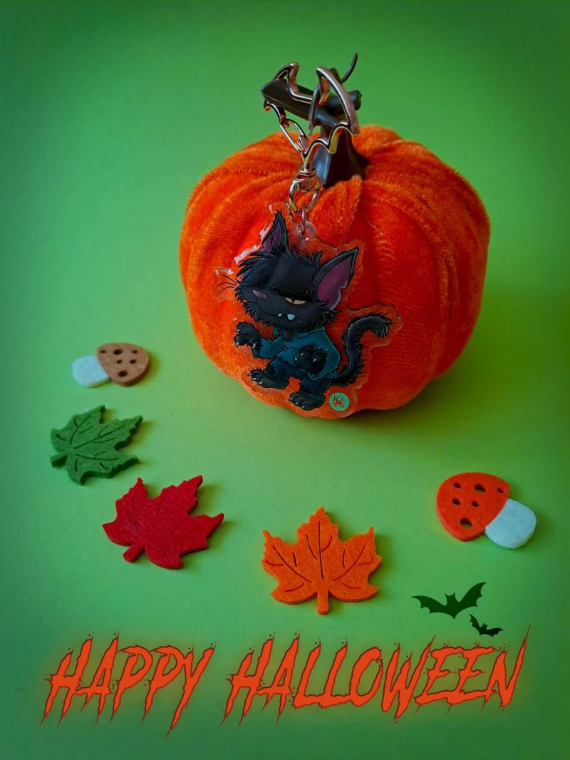Halloween Cat Keychain - Werecat + Postcard Print von TeamPechundSchwefel