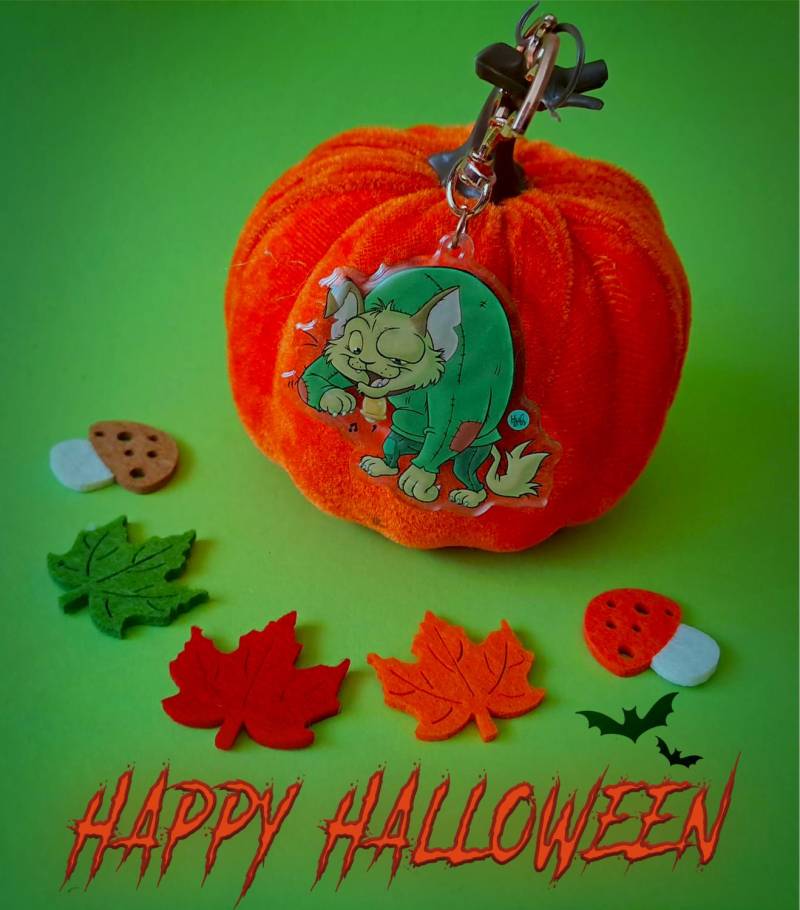 Halloween Quasimodo Cat Keychain + Postcard Print von TeamPechundSchwefel