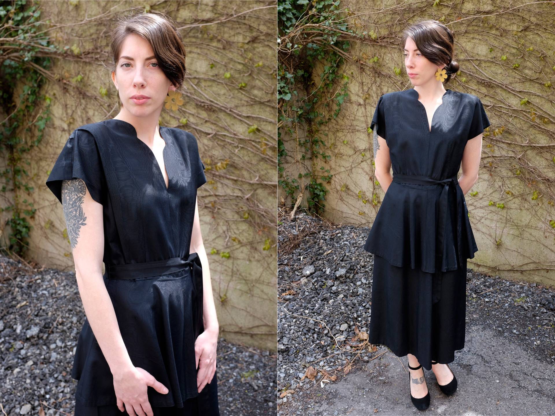 40Er Schwarzes Peplum Moiré Kleid/Klein/Medium 40Er Schwarzes Peplum Moiré Kleid/Klein/Medium von Teapartyvntg