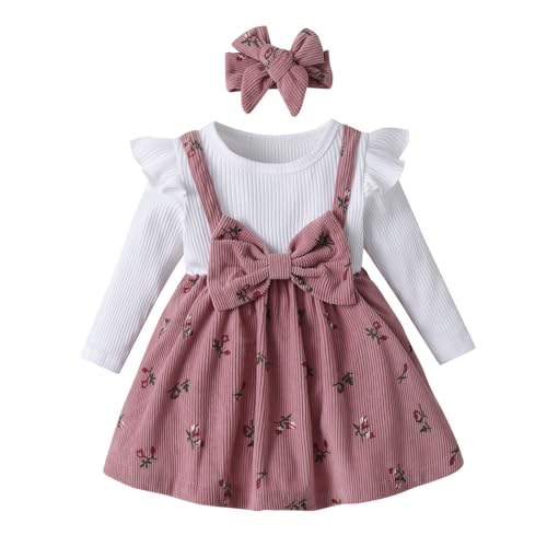 Baby-Mädchenkleidung Kleid mit Langen Rüschenärmeln, Outfits mit Schleife und Hosenträgern, Rock in Rosa 12-18 Monate von Tearfuty