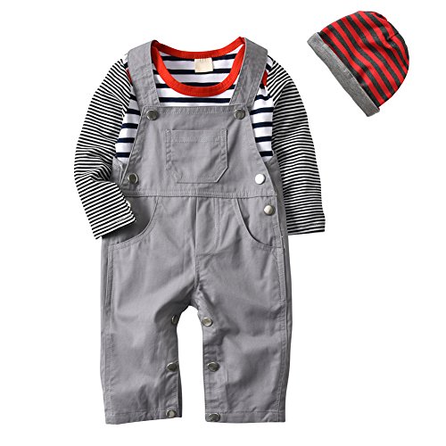 Tearfuty 3Stück Baby Jungen Outfits Kleidungs-Sets Gestreifter Strampler + Hosenträger + Gestreifte Mütze （9-12 Monate） von Tearfuty