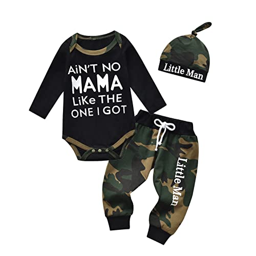 Tearfuty Neugeborenes Baby Junge Kleidung Lange Ärmel Strampler Camouflage Lange Hose + Mütze Outfits 3er Set Schwarz（3-6 Monate） von Tearfuty