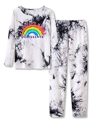 Mädchen-Schlafanzug mit Batikfärbung, orange-rosa Avocado-Baumwolle, langärmelig und Hose, Größe 6–18, Batikfärbung mit positiven Vibes (lange Ärmel), 10 von Tebbis