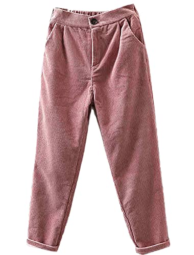 Tebreux Damen Baumwoll Harem Cordhose Elastische Taille Tapered Hosen Corduroy Einfarbig Freizeithosen Rosa XXL von Tebreux