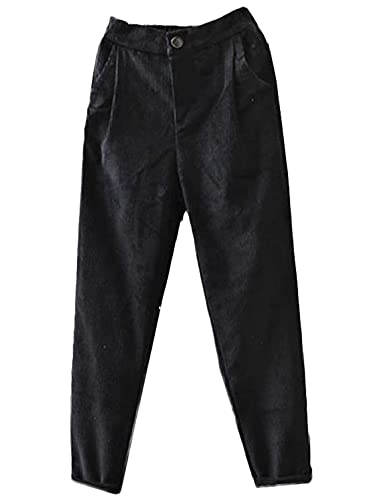 Tebreux Damen Baumwoll Harem Cordhose Elastische Taille Tapered Hosen Corduroy Einfarbig Freizeithosen Schwarz L von Tebreux