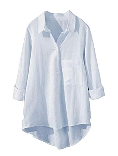 Tebreux Damen Blusen Langarmshirts V-Ausschnitt Langarm Baumwolle Leinen Hemd Einfarbig Oberteile Hellblau Medium von Tebreux