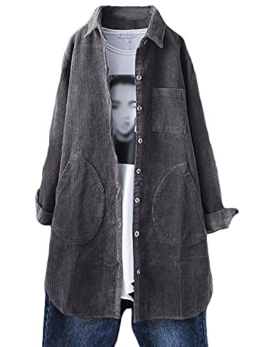 Tebreux Damen Cord Hemd Jacke Revers Übergangsjacke Langarm Knöpfen Bluse Locker Mäntel mit Taschen Dunkelgrau M von Tebreux