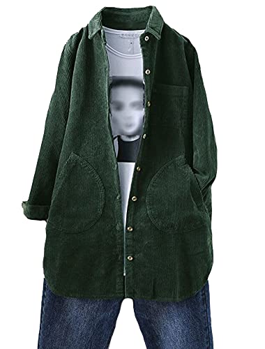 Tebreux Damen Cord Hemd Jacke Revers Übergangsjacke Langarm Knöpfen Bluse Locker Mäntel mit Taschen Grün XL von Tebreux