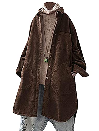 Tebreux Damen Cord Hemd Jacke Revers Übergangsjacke Langarm Knöpfen Bluse Locker Mäntel mit Taschen Kaffee XL von Tebreux