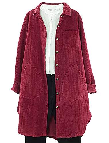 Tebreux Damen Cord Hemd Jacke Revers Übergangsjacke Langarm Knöpfen Bluse Locker Mäntel mit Taschen Weinrot XL von Tebreux