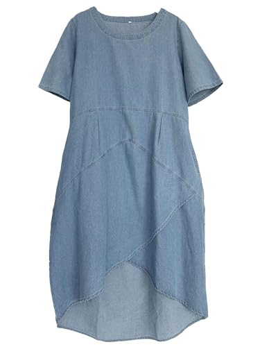Tebreux Damen Leinen Midikleid Oversized Kurzarm Sommerkleid Baggy Tunika Kleider mit Taschen, Jean Blue, X-Groß von Tebreux