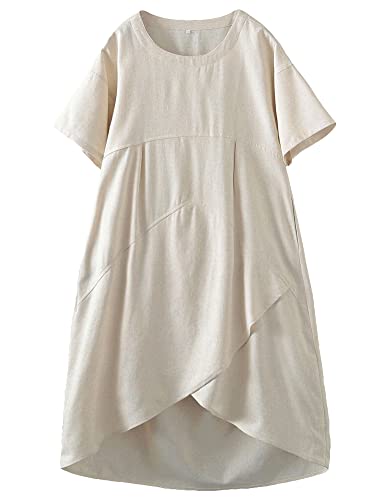 Tebreux Damen Midi Kleid Sommer Kurzarm Baumwolle A-Linie Leinenkleider Boho Lang Sommerkleider mit Taschen Beige L von Tebreux