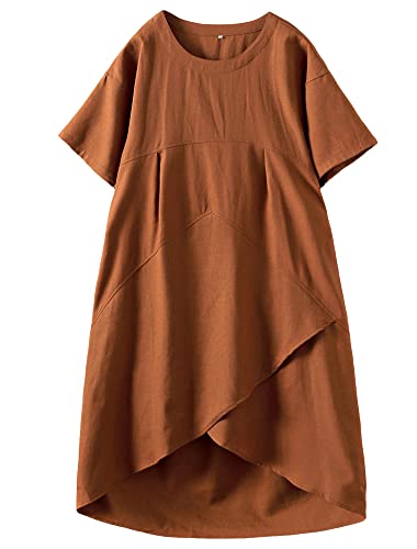 Tebreux Damen Midi Kleid Sommer Kurzarm Baumwolle A-Linie Leinenkleider Boho Lang Sommerkleider mit Taschen Orange L von Tebreux