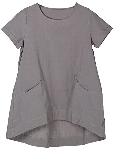 Tebreux Damen Sommer Tunika Tops Baumwolle Leinen T-Shirt Rundhals Kurzarm Strand Minikleid Grau L von Tebreux