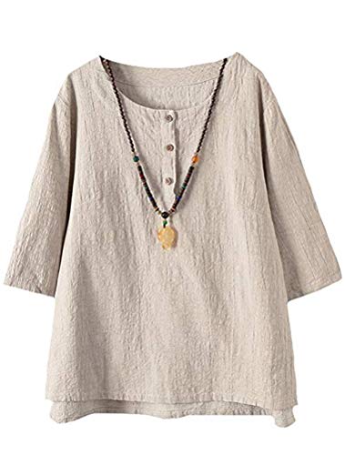 Tebreux Damen T-Shirt Tunika Sommer Baumwolle Leinen 3/4 Ärmel Bluse Oversize Oberteile Tops Aprikose Medium von Tebreux