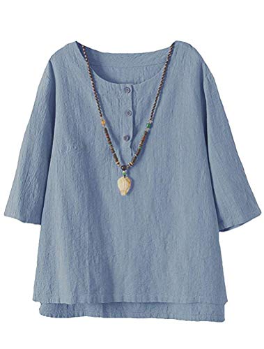 Tebreux Damen T-Shirt Tunika Sommer Baumwolle Leinen 3/4 Ärmel Bluse Oversize Oberteile Tops Blau Large von Tebreux