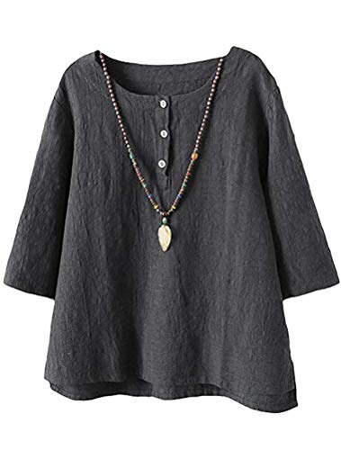 Tebreux Damen T-Shirt Tunika Sommer Baumwolle Leinen 3/4 Ärmel Bluse Oversize Oberteile Tops Grau Medium von Tebreux