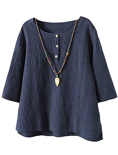 Tebreux Damen T-Shirt Tunika Sommer Baumwolle Leinen 3/4 Ärmel Bluse Oversize Oberteile Tops Marine XX-Large von Tebreux