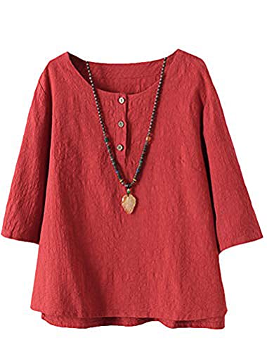 Tebreux Damen T-Shirt Tunika Sommer Baumwolle Leinen 3/4 Ärmel Bluse Oversize Oberteile Tops Rot Medium von Tebreux